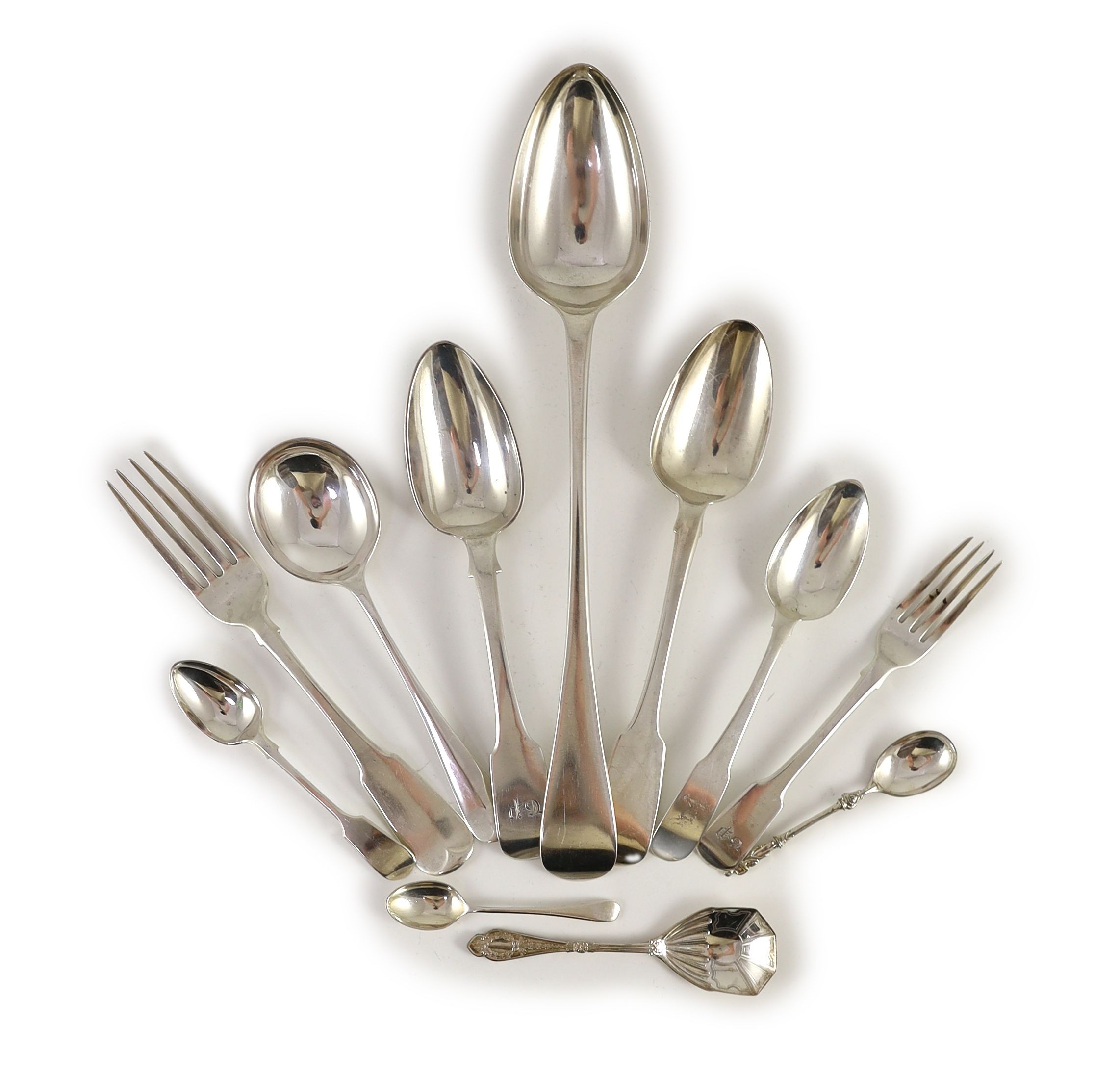 A harlequin canteen of Georgian and later silver and plated mainly fiddle pattern flatware